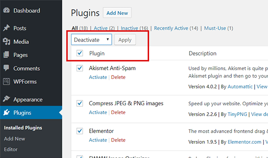 deactivate all plugins